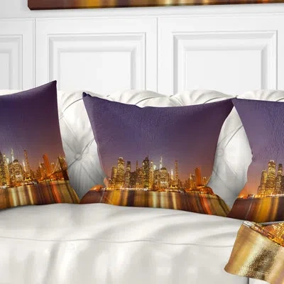 Design Art Illuminated Nyc Downtown Buildings Cityscape Pillow In Blue;black;brown;green;red;yellow