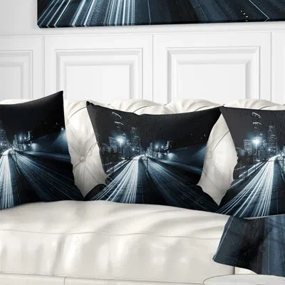 Design Art Illuminated Traffic Trail In Downtown Seattle Cityscape Pillow In Blue;black;brown;green;red;yellow