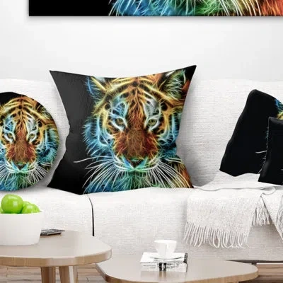 Design Art Illuminating Tiger Head View - Animal Printed Pillow In Brown