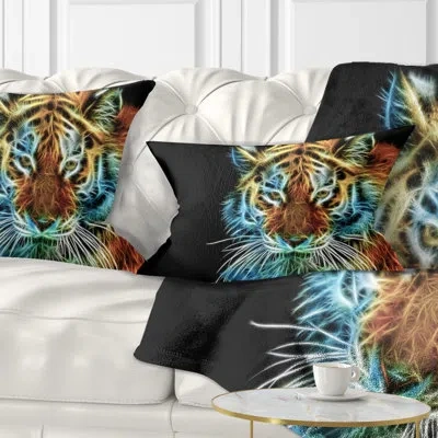 Design Art Illuminating Tiger Head View - Animal Printed Throw Pillow In Brown