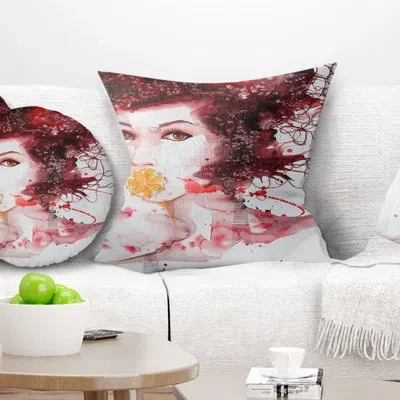 Design Art Illustrated Girl With Red Hair - Portrait Printed Pillow