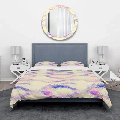 Design Art Imprints Of Flying Bird Feathers - Bohemian Abstract Duvet Cover Set - Microfiber Polyester In Yellow;gold