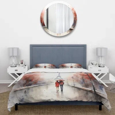 Design Art In Love In Paris Eiffel Tower Vintage Watercolor - Cityscapes Duvet Cover Set - Microfiber Polyester In Red