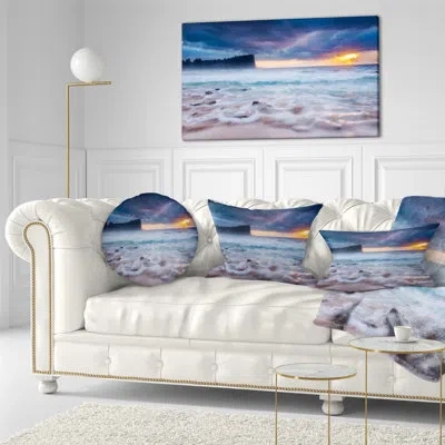 Design Art Incredible Sunset With White Waves - Sea & Shore Printed Pillow In Blue