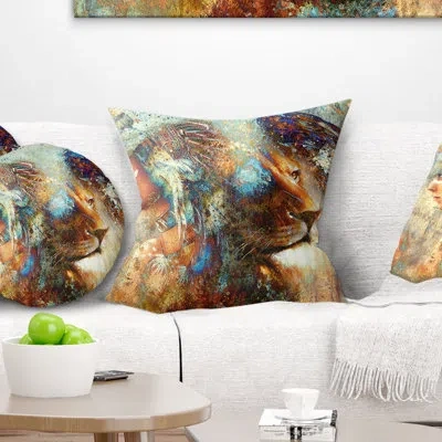 Design Art Indian Woman Collage With Lion - Indian Printed Throw Pillow In Blue;brown