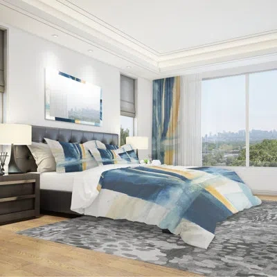 Design Art Indigo Panel Iv - Glam Modern Duvet Cover Set - Microfiber Polyester In Blue
