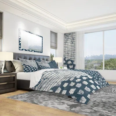 Design Art Indigo Stripes And Tile - Modern & Transitional Duvet Cover Set - Microfiber Polyester In Blue