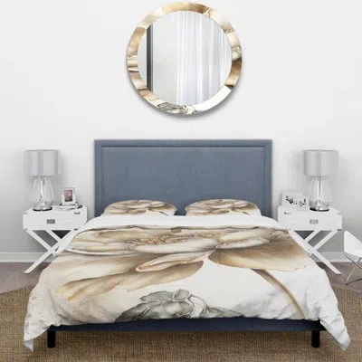 Design Art Indigold Beige Flower Iv - Floral Duvet Cover Set - Microfiber Polyester In White;beige