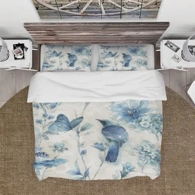 Design Art Indigold Bird Cottage Family I - Farmhouse Duvet Cover Set - Microfiber Polyester In Blue