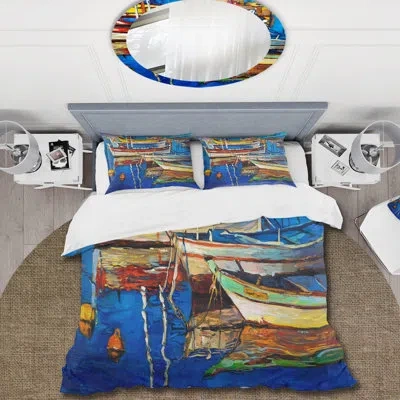 Design Art Iniyaa Boats Resting On The Water Near Coastal Town Ii - Nautical Duvet Cover Set - Microfiber Polye In Blue