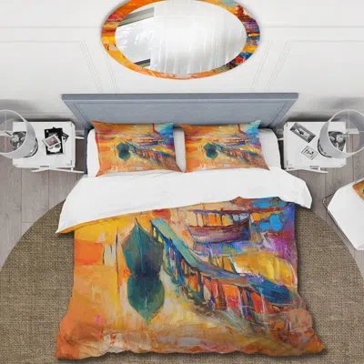 Design Art Iniyaa Boats Resting On The Water Near Coastal Town Iii - Nautical Duvet Cover Set - Microfiber Poly In Orange,blue