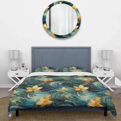 Design Art Inner Harmony Exploration Mediation Iii- Floral Duvet Cover Set - Microfiber Polyester In Yellow;teal
