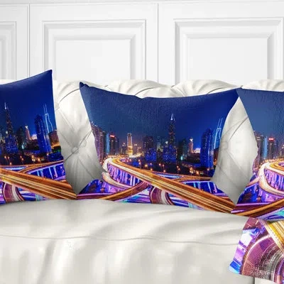 Design Art Interchange Overpass At Night Skyline Cityscape Pillow In Blue