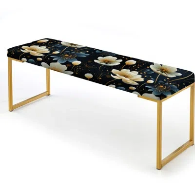 Design Art Ivory & Blue Boho Chic Floral Pattern - Floral Upholstered Gold Bench