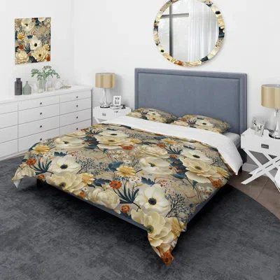 Design Art Ivory Boho Chic Floral Pattern - Floral Duvet Cover Set In White;teal