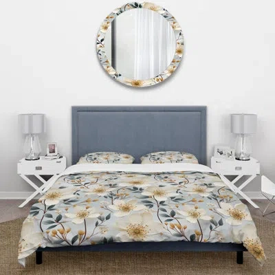 Design Art Ivory Coastal Elegance Floral Pattern Iii Duvet Cover Set In White;teal