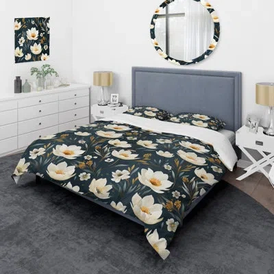 Design Art Ivory Coastal Serene Floral Pattern Duvet Cover Set In Black;white