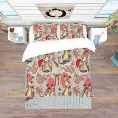 Design Art Ivory/cream Microfiber Eclectic Duvet Cover Set In Cream;ivory