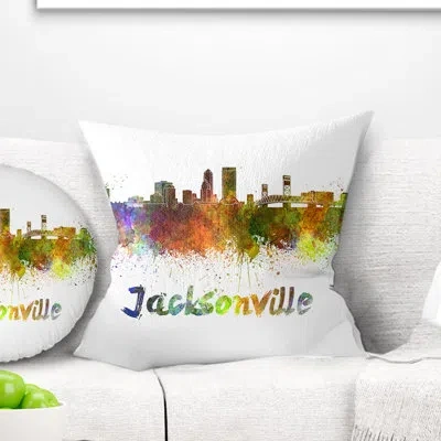 Design Art Jacksonville Skyline - Cityscape Printed Pillow In Green;purple
