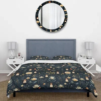Design Art Jamerius Essence Of Zen Candles - Floral Duvet Cover Set - Microfiber Polyester In Dark Green