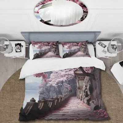 Design Art Japan Art Cherry Blossom Pink Path - Japan Art Duvet Cover Set - Microfiber Polyester In Gray;pink