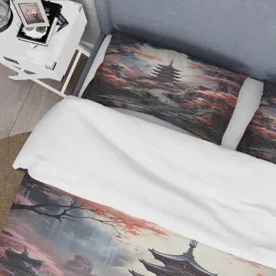 Design Art Japan Art Mystical Pagoda - Japan Art Duvet Cover Set - Microfiber Polyester In Gray;red