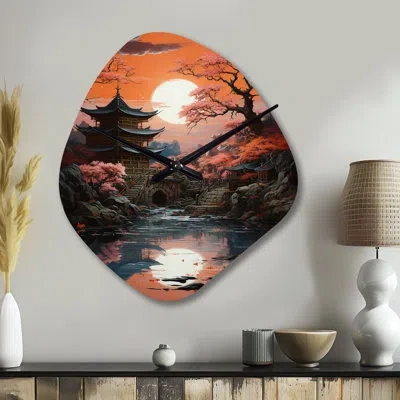 Design Art Japan Art Shrine At Twilight Ii - Japan Art Unique Shape Metal Wall Clock, Coral Asymmetrical Clock  In Orange