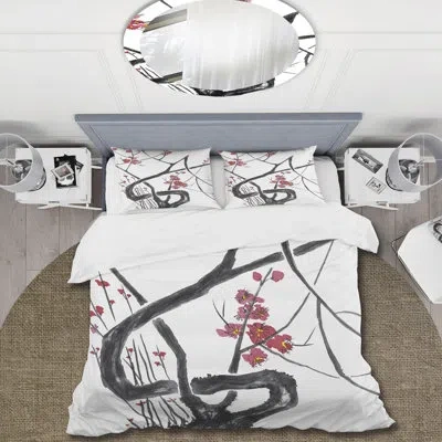 Design Art Japanese Cherry Blossom - Traditional Duvet Cover Set - Microfiber Polyester In Black;red