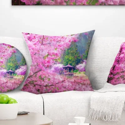 Design Art Japanese Cherry Flowers - Floral Printed Throw Pillow In Pink