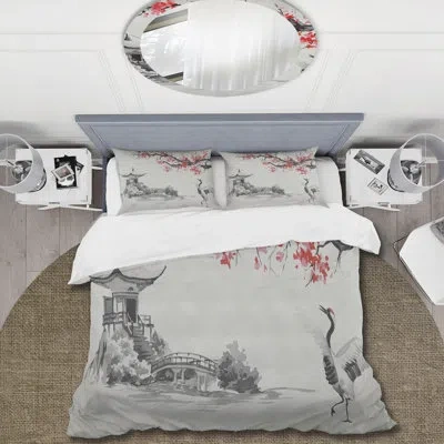 Design Art Japanese Fuji Mountain With Sakura - Traditional Duvet Cover Set - Microfiber Polyester In Gray,red