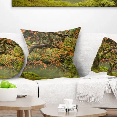 Design Art Japanese Garden Fall Season - Landscape Printed Pillow In Green