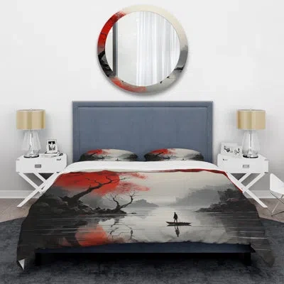 Design Art Japanese Monochrome Sculpted Silence Valley - Landscapes Duvet Cover Set - Microfiber Polyester In Red;beige