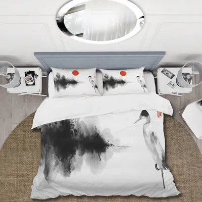 Design Art Japanese Red Sun On Misty Island With Forest Trees - Traditional Polyester Duvet Cover Set In White;red