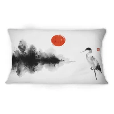 Design Art Japanese Red Sun On Misty Island With Forest Trees - Traditional Printed Throw Pillow