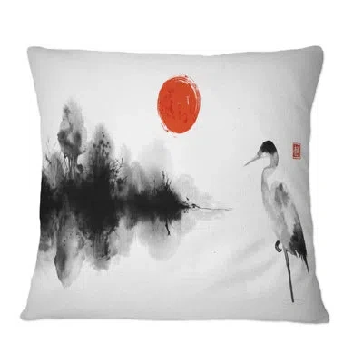 Design Art Japanese Red Sun On Misty Island With Forest Trees - Traditional Printed Throw Pillow In White;red