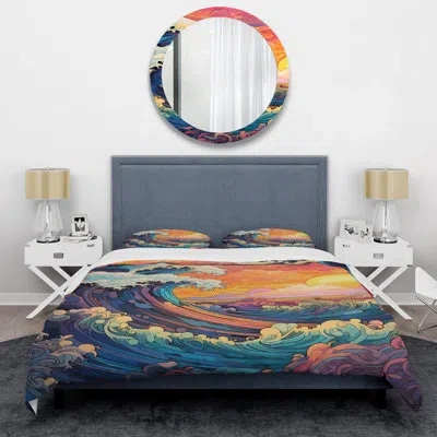 Design Art Japanese Sunset Waves Of Kanagawa 2 - Japan Art Duvet Cover Set In Blue;pink