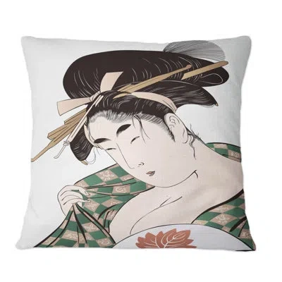 Design Art Japanese Ukiyo-e Woman - Mid-century Modern Printed Throw Pillow In Green;beige