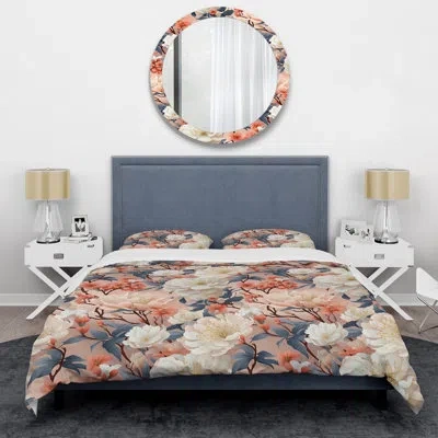 Design Art Japanese Zen Garden Botanical Pattern Duvet Cover Set In Gray;pink;cream