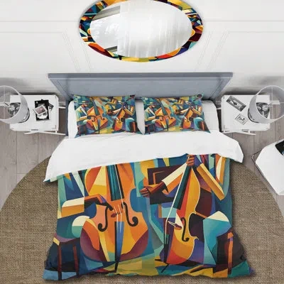 Design Art Jazz Performance On Stage Ii - Music Jazz Duvet Cover Set In Green;orange