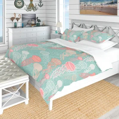 Design Art Jellyfish Pattern - Sea & Shore Animal Print Duvet Cover Set - Microfiber Polyester In Blue