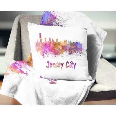 Design Art Jersey City Skyline - Cityscape Printed Throw Pillow In Yellow;purple