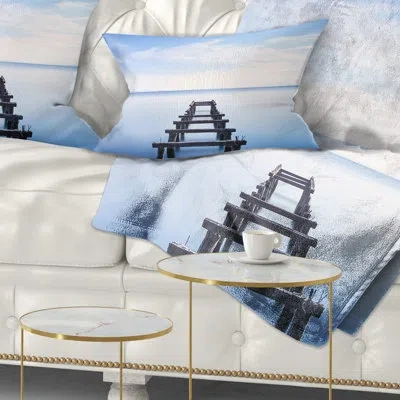 Design Art Jetty Remains In Blue Lake - Sea & Shore Printed Throw Pillow