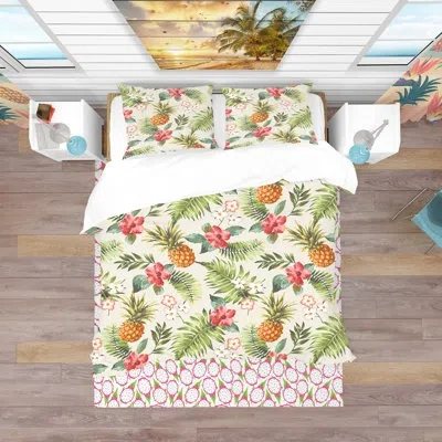 Design Art Jungle Pineapple Red Flower Pattern - Tropical Food Duvet Cover Set - Microfiber Polyester In Green