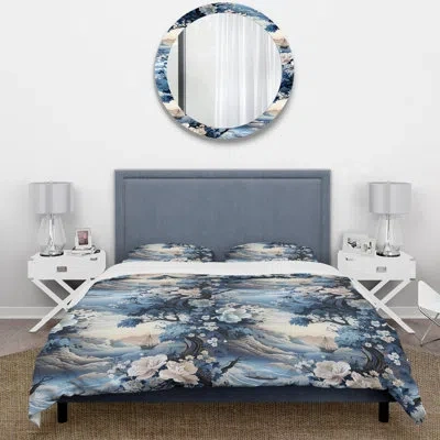 Design Art Kabao Coastal Tranquility Victorian Pattern Vi - Floral Duvet Cover Set - Microfiber Polyester In Blue