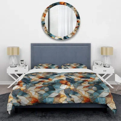 Design Art Kaenon Teal And Orange Futuristic Marble Mosaic - Marble Duvet Cover Set - Microfiber Polyester In Orange;teal