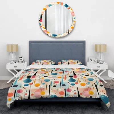 Design Art Kamirah Multicolor Mid Century Geometric Pattern On Beige - Geometric Duvet Cover Set - Microfiber P In Green;yellow