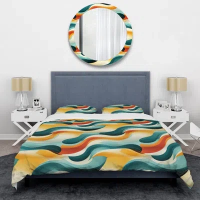 Design Art Karanveer Mod Wave Revival - Midcentury Duvet Cover Set - Microfiber Polyester In Yellow;teal