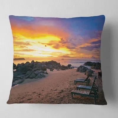 Design Art Khao Lak Beach View At Sunset - Sea & Shore Printed Pillow In Red