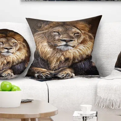 Design Art King Lion With Lighted Face - Animal Printed Pillow In Brown;white