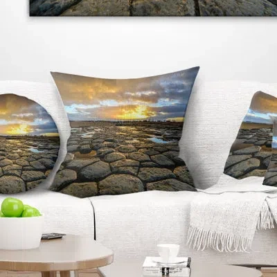 Design Art Kirkjugolf Church Floor At Sunrise - Sea & Shore Printed Throw Pillow In Blue;black;brown;green;red;yellow